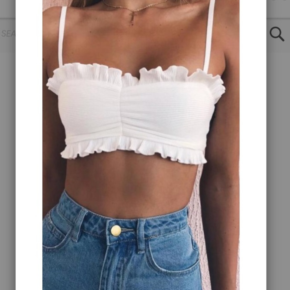 ‘Michele’ White ribbed ruffle crop top